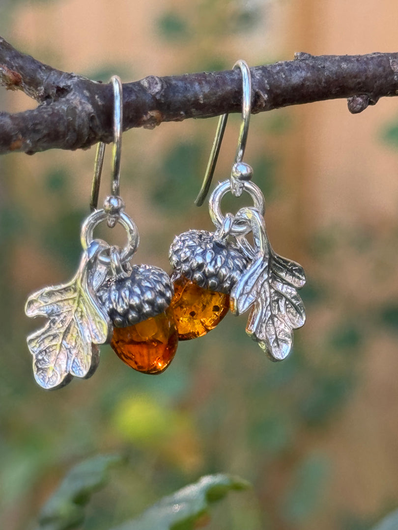 Amber acorn and oak leaf drop earrings