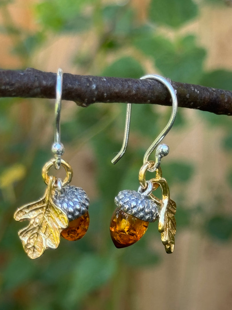 Amber acorn and oak leaf drop earrings