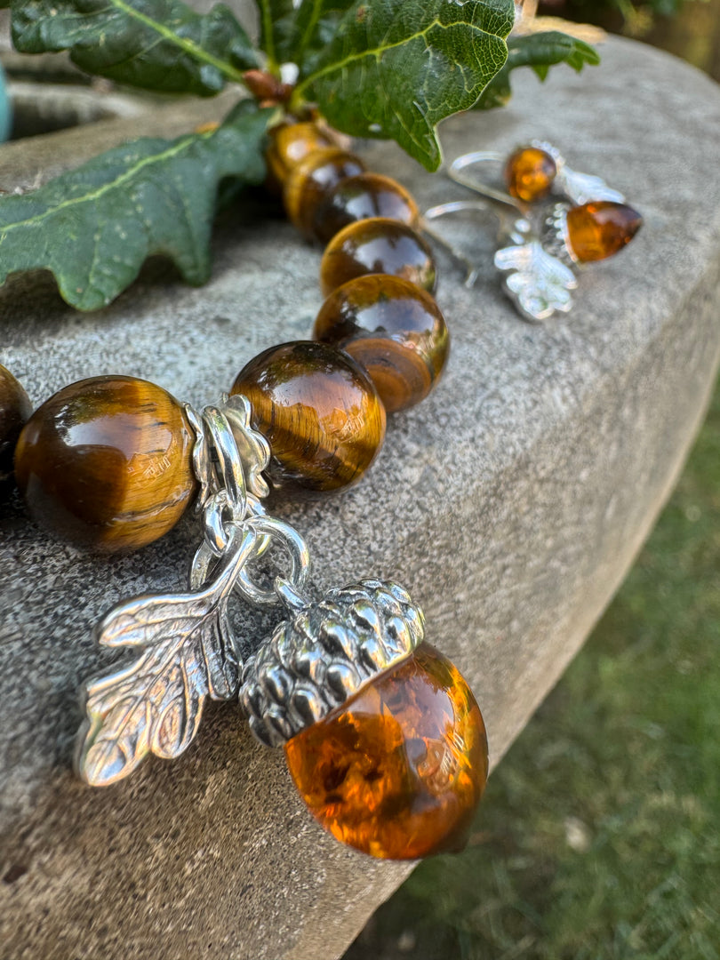 Amber acorn and oak leaf drop earrings