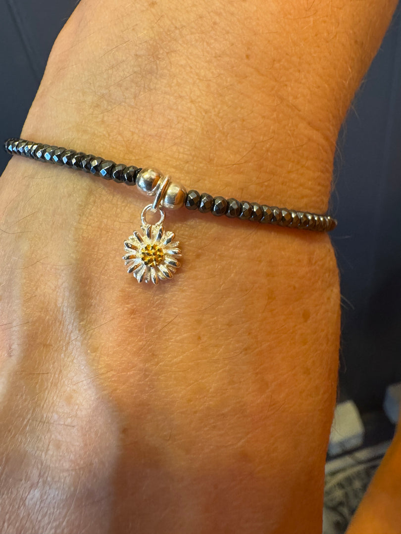 Hematite Bracelet With Daisy Charm