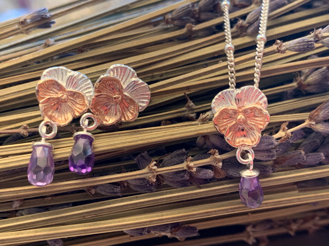 Violet Flower Earrings With Amethyst