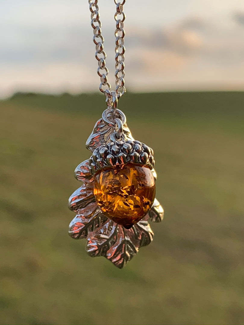 Amber Acorn and Oak Pendant