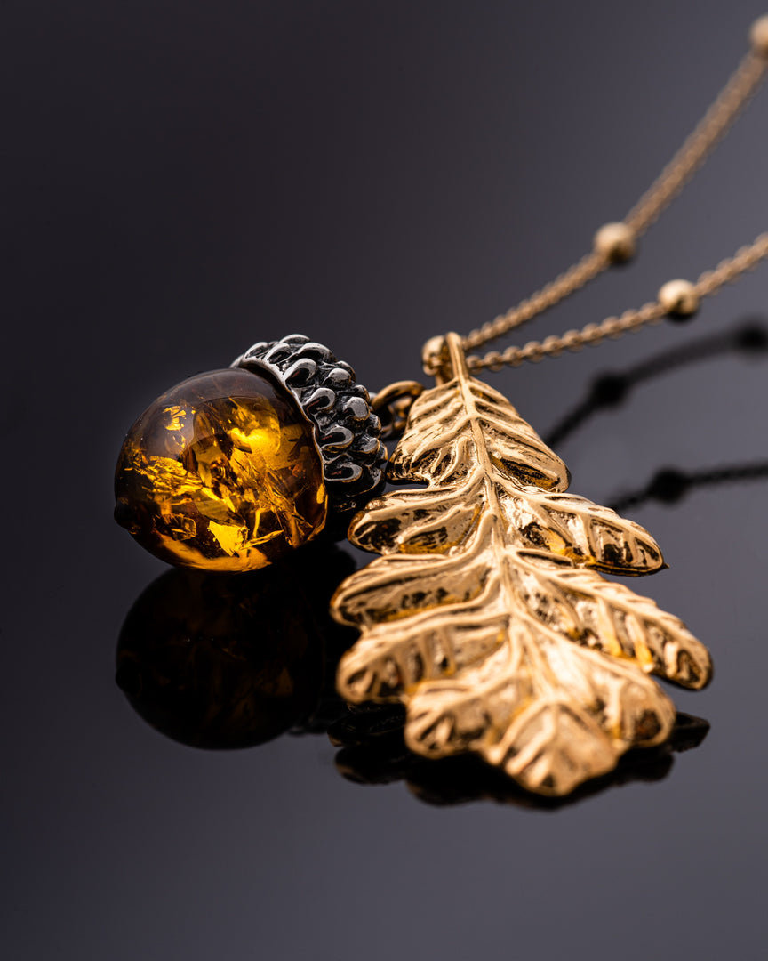 Amber Acorn and Oak Pendant