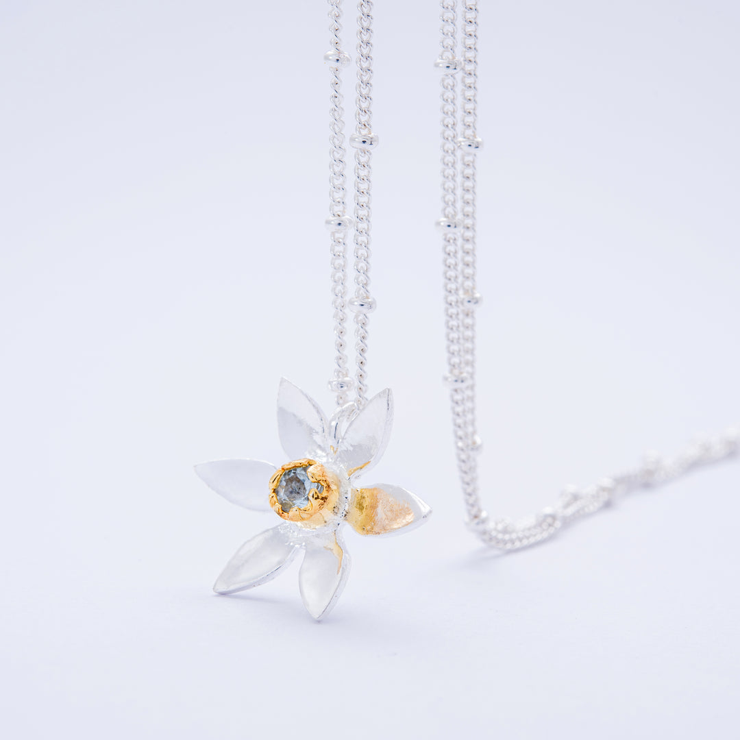 Daffodil Pendant With Genuine Aquamarine Stone