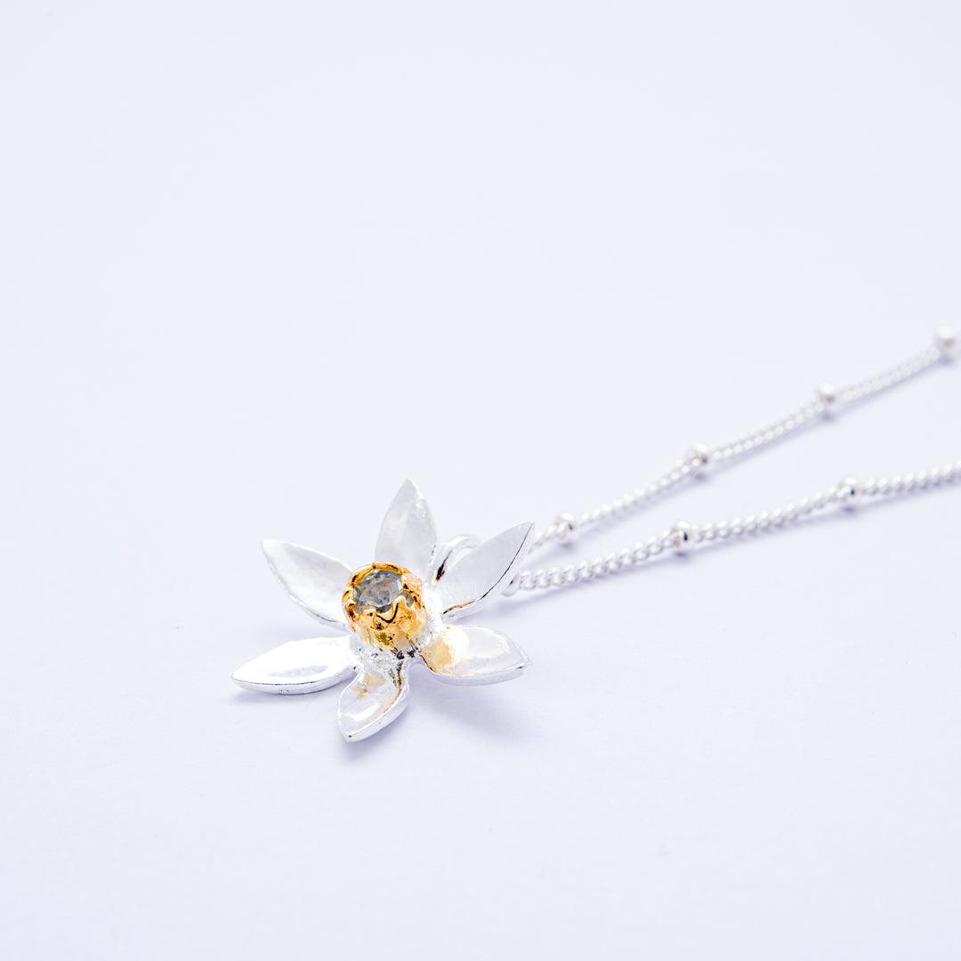 Daffodil Pendant With Genuine Aquamarine Stone
