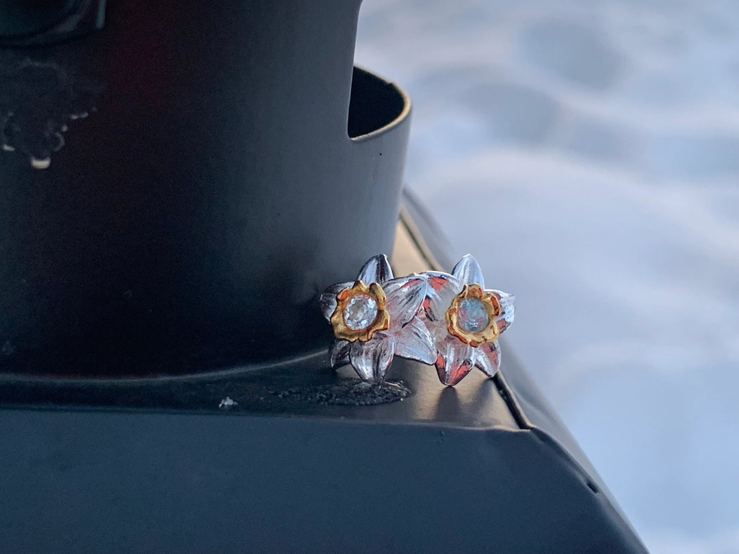 Daffodil Stud Earrings With Genuine Aquamarine