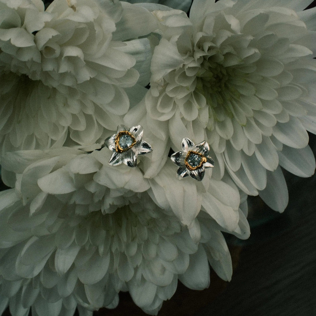 Daffodil Stud Earrings With Genuine Aquamarine