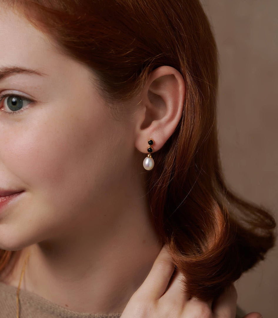 Shab Freshwater Pearl Black Onyx Earrings