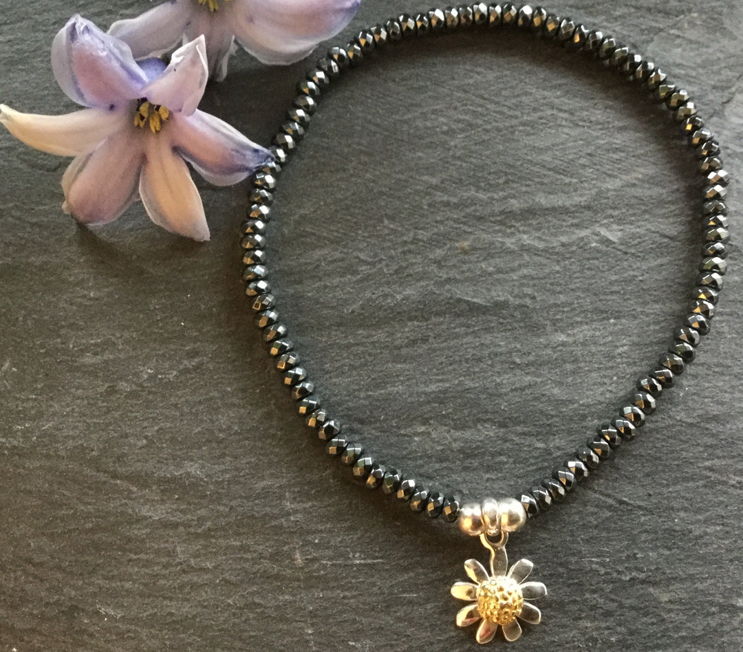 Hematite Bracelet With Daisy Charm